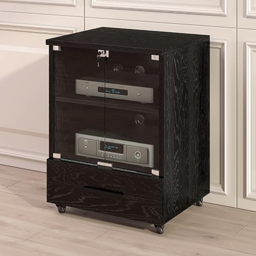 Vitrine mit Glastür，Doppelschicht plattenspieler schrank，Mit Aufbewahrungsschublade，Verstellbare Trennwand，tv-möbel & phonomöbel，Massivholz，Mit Universalrädern，Geeignet für Zuhause, Büro, Bar(Nero)