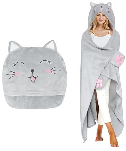 LOMUG Kuscheldecke Katze Decke mit Ärmeln und Kapuze Kuscheldecke Flauschig Decke mit Katzenmotiv Kuscheldecke zum Anziehen Lang Ärmeldecke Katze Decke Hoodie Tragbare Decke Damen Herren Blanket