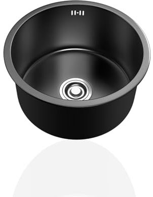 Edelstahl Spülbecken Klein Spüle Rund Küchenspülen Küche Edelstahlspüle 1 Becken Schwarz mit Abflussrohr Einbauart: Einbau von Oben und Unterbau (Ø 28cm)