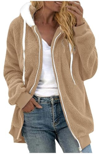 Damen Fleecejacke Warme Bequem Winterjacke Teddy Kapuzenjacke Lässige Sweatjacke Dicke Gefüttert Mantel Flauschige Langarm Jacken mit Reißverschluss Hoodie Pullover Freizeit Cardigan Outwear