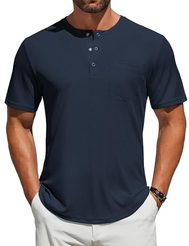 COOFANDY Maglietta Henley da Uomo T-Shirt da Uomo Camicia Estiva a Coste a Maniche Corte con Tasca e abbottonatura T-Shirt Basic Blu-Viola Taglia S