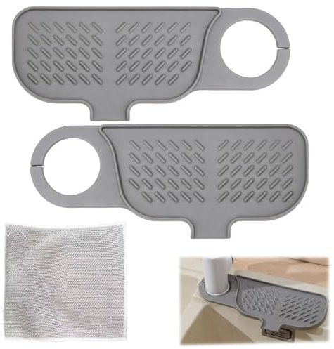 REBUCINA Faucet Guard Splash Silicone Mats,Silicone Kitchen Sink Splash Guard 2 Pcs,Sink Silicone Splash Guard Sponge Holder Rotatable Sink Guards,With cleaning cloth,for Kitchen Sink Area Bathroom