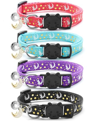 Luminoso 4 collari staccabili per gatti con campanelle, lune, stelle,collare regolabile con ciondolo,grazioso collare per gattini per ragazze, ragazzi, gatti, regali per animali domestici