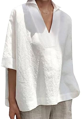 Camicia di lino da donna a maniche corte, blusa di lino, oversize, camicia di lino da donna a maniche corte, T-shirt alla moda, camicia-blusa, bluse e tuniche, T-shirt bianca, camicia da donna a