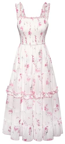 SCARLET DARKNESS Women Victorian Spaghetti Floral Dress Smocked Long Summer Casual Beach Dresses Light Pink Floral XXL