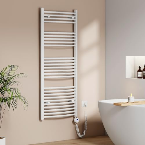 EMKE Scaldasalviette Elettrico per Bagno 140 x 60 cm, Bianco, 600 Watt | Radiatore Curvato con WIFI Termostato, Scaldasalviette Elettrico, Supporto Porta-Asciugamani