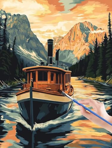 River Malen Nach Zahlen Erwachsene, DIY Malen Nach Zahlen Kinder Handgemalt Ölgemälde Kit für Anfänger und Erwachsene Mit Pinseln und Acrylfarbe für Home Haus Deko, Ohne Rahmen 40 x 50 cm Boot 8J-E