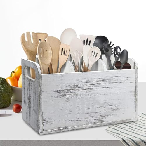 Hqunjikp Portautensili bianco per bancone da cucina, portautensili in legno per, portautensili per cucina, arredamento da cucina rustica, utensile da cucina rustico