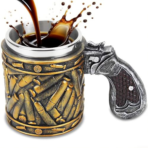 ZONSUSE Bullet Gun Grip Beer Mug, Funny 3D Coffee Cup, Insulated Stainless Steel Resin Tankard, Pistol Handle Beer Stein, Novelty Military Gift for Dad, Coworker, Veteran & Action-Film Fans, 450 ml
