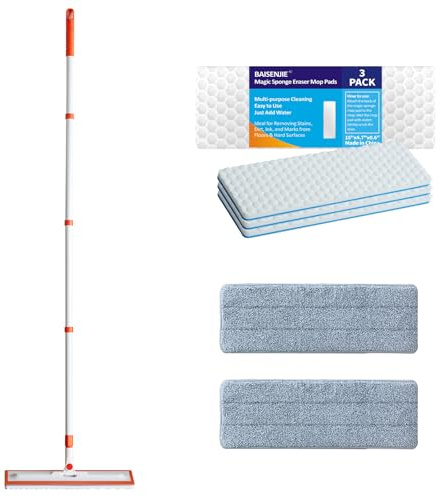 Magic Sponge Eraser Mop, 56 Handle with Flexible 15 Flat Head,2 Microfiber Pad and 3 Magic Sponge Eraser Pads (Mop Set,15 Mop-Head) | Flexible 180° Rotatable Head, Easy Install Pads, Wet & Dry Use, Multi-Surface Cleaner for Home Floor