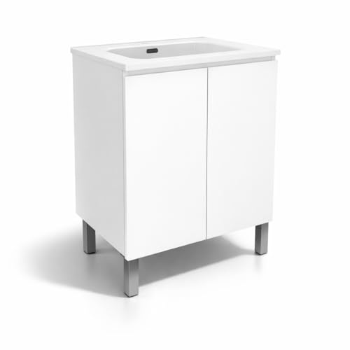 Baikal Mueble de Baño Nook. Mueble MONTADO. 60cm Blanco 2 Puertas. Cierre Amortiguado. Patas Cromadas. Armario de Baño. Incluye Lavabo Ceramico