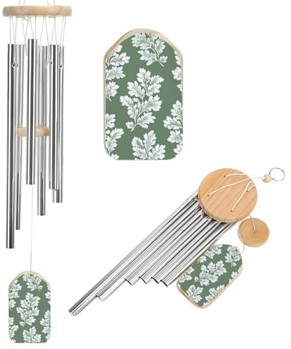 Windspiel mit weißen und salbeigrünen Blättern, Gedenkspiel, tiefer Ton, Windspiel mit 6 Aluminiumrohren, Outdoor-Hinterhof, Gartendekoration