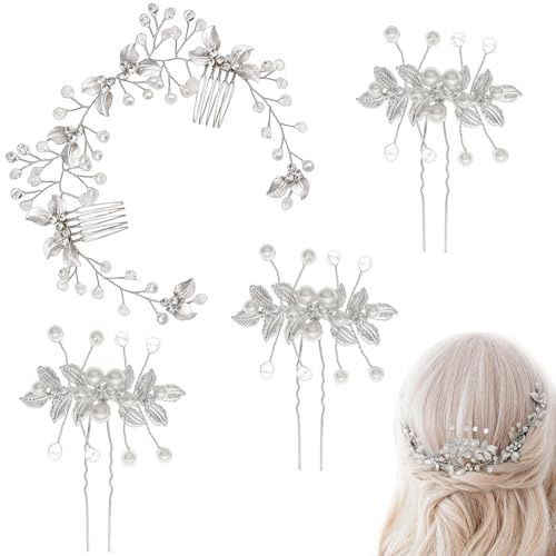 Hochzeit Haarschmuck Set – 4-teilig, Perlen und Strass Haarkamm, Braut Haarband und Haarklammern für Hochzeiten und formelle Anlässe, Silber
