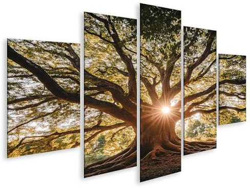 islandburner Tableau sur toile - Arbre puissant avec rayons de soleil - Toile 170 x 80 cm - 5 pièces