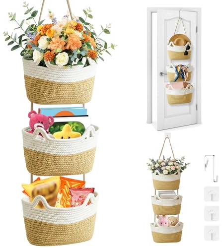 Cyiecw 3-stöckige Hängender Organizer Wand Baumwollseilkörbe, Große Dekorative Hängekörbe mit Knopfriemen über der Tür, Kinderzimmer Boho Wandkörbe zum Organisieren, Hängeaufbewahrung für Badezimmer