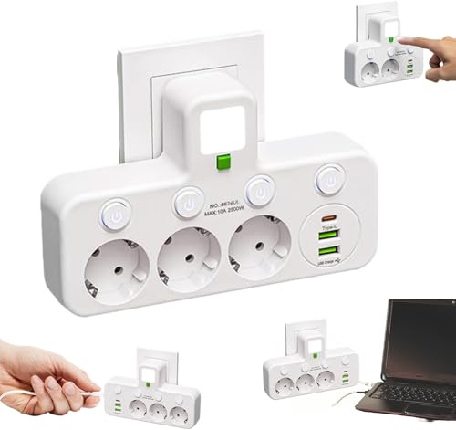 Multiprise Murale Française 3 Sortie,Multipriseavec USB,Prise Multiple avec Interrupteur Individuel,multiprise avec Interrupteur,Multiprisesans Fil avec veilleuse multifonctionnelle