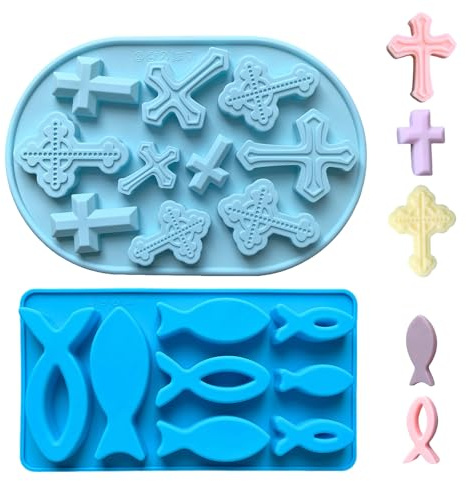 ARYIMYDP Set de 2 Moldes de Silicona para Comunión y Bautizo, Motivos Pez y Cruz, Versátiles para Velas, Yeso, Repostería, Accesorio Creativo de Repostería, Regalo Original