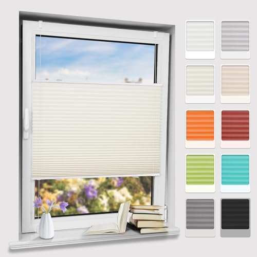 Bernice Plissee klemmfix ohne Bohren, Beige 35x130cm(BxH) Easyfix Faltrollo mit Klemmträger, Crushed Optik Fensterrollo, Blendschutz Plisseerollo für Fenster & Tür