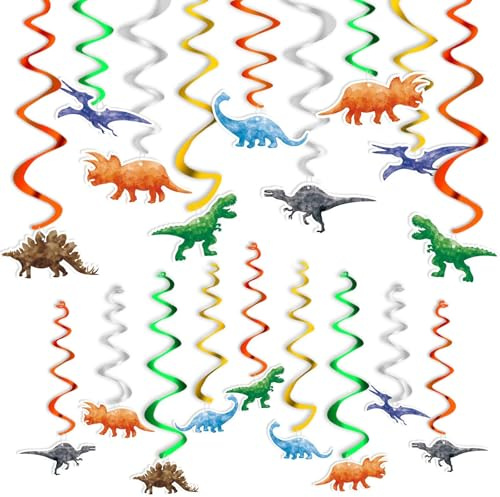 WERNNSAI 24PCS Dinosaur Hanging Swirls Dinosaur Birthday Party Decorations | Watercolor Dino Theme Hanging Spiral Garlands Ceiling Decor Jungle Party Supplies