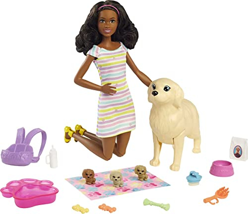 Barbie HCK76 - Welpen-Spielset mit Barbie-Puppe (ca. 29 cm, dunkelbraune Haare), Hündin, die Welpen gebären kann, 3 Welpen & Pflegezubehör, Spielzeug Geschenk für Kinder von 3 bis 7 Jahren