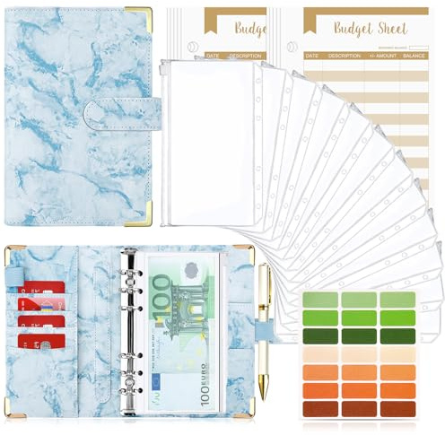 Budget Planner Budget Binder A6, Budgetplaner Geld Organizer mit Weiche PVC Tasche, TAOPE Leder Binder Notizbuch A6 Cash Stuffing, 6 Löcher Budget Planner, Haushaltsbuch mit Geldfächer Marmor Blau