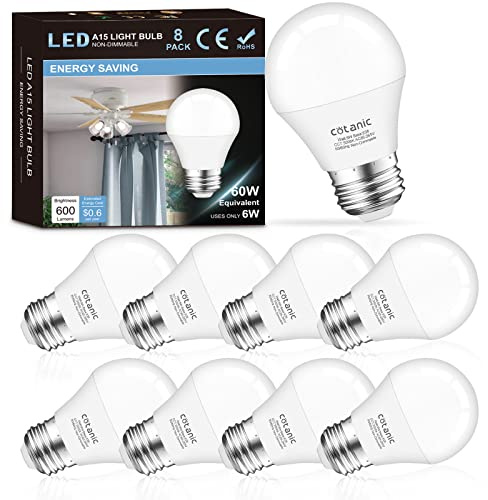Cotanic 8 Pack E26 Base A15 LED Ceiling Fan Light Bulbs 5000K Daylight 60W