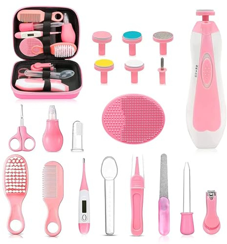 Baby Healthcare and Grooming Kit, 20 in 1 Portable Baby Safety Care Set with Hair Brush Comb Nasal Aspirator Electric Nail Trimmer Set Baby Essentials kit for Newborn Boys Girls (Pink)