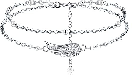 Viwind Fußkettchen Engelsflügel Sterling Silber 925 Damen Zirkonia Armband,verlängertes Armband,Strand Fusskette,verstellbar 22+4cm (Doppelschicht)