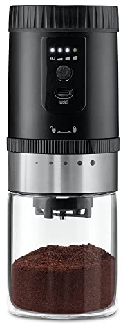 Tchibo akkubetriebene Kaffeemühle, Glas-Auffangbehälter, Edelstahl-Mahlgradring, 5 Mahlgradeinstellungen, Schwarz/Silber