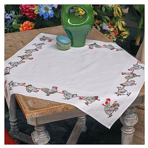 VERVACO Tovaglia Punto Croce Con Tela Aida POLLI Biancheria Da Tavola Set Fai Da Te Creativo Punto Croce Contato Kit 80 x 80 cm Hobby Creativi Adulti Casa Decor Cross Stitch Embroidery