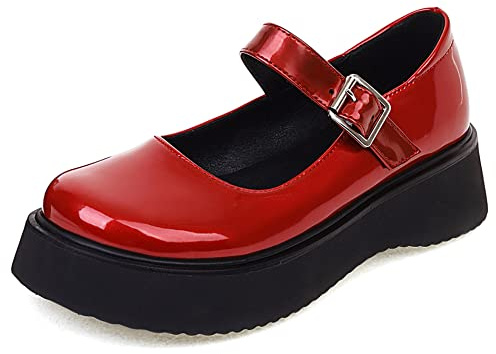 Scarpe Mary Jane con Zeppa da Donna, Pompe del Tallone Medio Punta Rotonda Fibbia Scarpe da Festa con Plateau Casuale Auuulo Rosso Numero 36 EU
