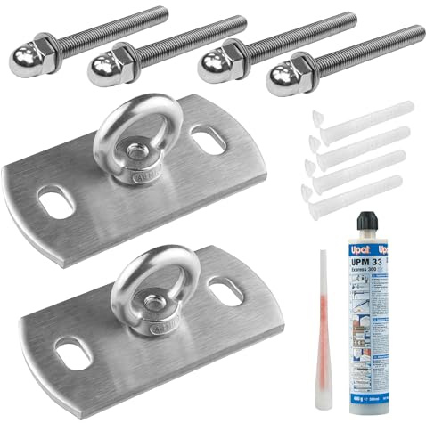2er-Set Sonnensegel Wandhalterung V2A: Befestigung an Voll- & Lochstein | V2A Edelstahl Wandhalter Ankerplatte inkl. 4 Gewindestangen M10×150, 4 Siebhülsen, 1 Injektionsmörtel & 2 Statikmischer