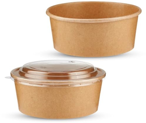 CHEF ROYALE 20x 750ml Kraft Salad Paper Bowls with Lids - Takeaway Containers for Hot/Cold Food - Leakproof Soup Containers - Carboard Packaging Bowls