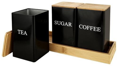 GBACHOOSE GBSCHOOSE Boîtes à thé, café, sucre, lot de 3 boîtes à thé, sucre, café avec couvercles en bambou, rangement de cuisine, pot de rangement en métal pour grains de café, granulés, sachets de