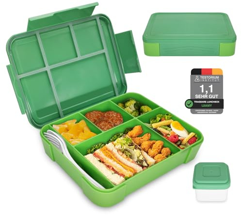 IJIAMY Bento Lunch Box Kids, Bento Box Lunch Box Adults with 5 Compartments and 1 Salad Dressing Containers, Snack Box for Kids and Adults Work School (Green)