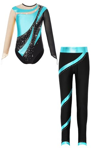 Linjinx Turnanzug Mädchen Langarm Kinder Ballettanzug Glitzer Gymnastikanzug mit Sporthose Leggings Ballettbody Tanzbody Trikotanzug Tanzkostüm Blau Grün 170-176