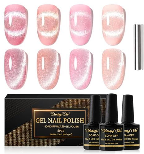 Shining She Cat Eye UV Nagellack,4 Farben Nude Rosa Hellrosa Glänzend Rosa Glitzer 9D Cat eye UV Gel Set Mit Magnet Nagellack,Soak-Off UV Gel Nail Polish French Manicure,8ML