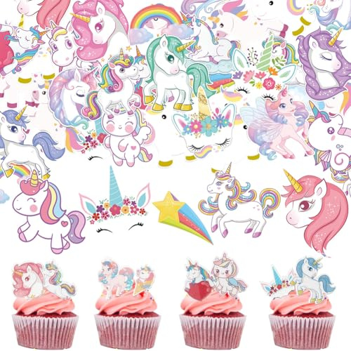 80 Pezzi Decorazioni Per Torta Unicorno,Unicorno Decorazione Cupcake,Unicorno Cupcake Toppers Commestibile Set,Carta di Riso Glutinoso per Cupcakes,Feste di Compleanno, Baby Shower