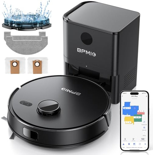 BPMIO Saugroboter mit Absaugstation 3-1, 5000Pa Staubsauger Roboter mit Wischfunktion, 55 dB Roboterstaubsauger mit WiFi/App/Alexa, 150 Min Laufzeit, APP Steuerung, 30 No-Go Zonen (B15 Plus)
