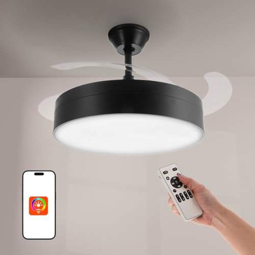 Casa Shop Ventilador de techo con luz LED retráctil 72W,Motor DC con control de remoto,4 Aspas retráctiles, función verano-invierno, temporizador, 3 tonalidades (Negro)