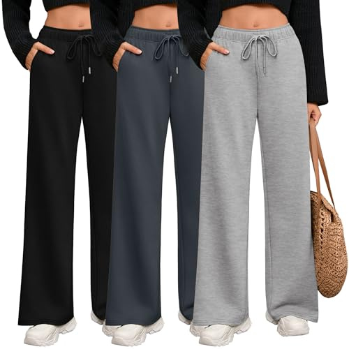 Riyiper Confezione da 3 Pantaloni da Tuta a Gamba Larga da Donna con Coulisse Dritti Vita Elastica Jogging e Tasche(Grigio Chiaro, Grigio Scuro, Nero,L)