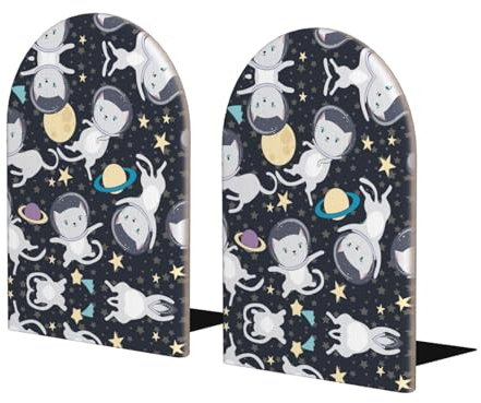 Lustige Buchstützen aus Holz, Astronauten-Katze, Buchstützen für Regale, robuste Buchstützen, 1 Paar für Büro, Zuhause