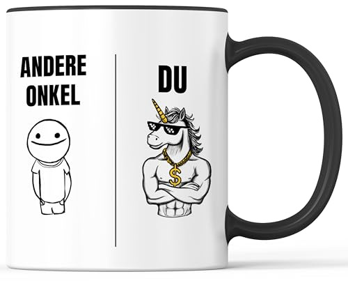 Tasse mit Spruch Einhorn cooler Onkel Becher Öhme Uncle - lustiges Geschenk - Kaffeebecher als Geschenkidee - Kaffeetasse 330ml - Weiss-Schwarz