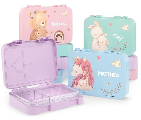 Bärenwerke OM MB 2115 Personalisierte Kinder Brotdose mit Name - Lunchbox mit Fächern und Unterteilung - Geschenkidee