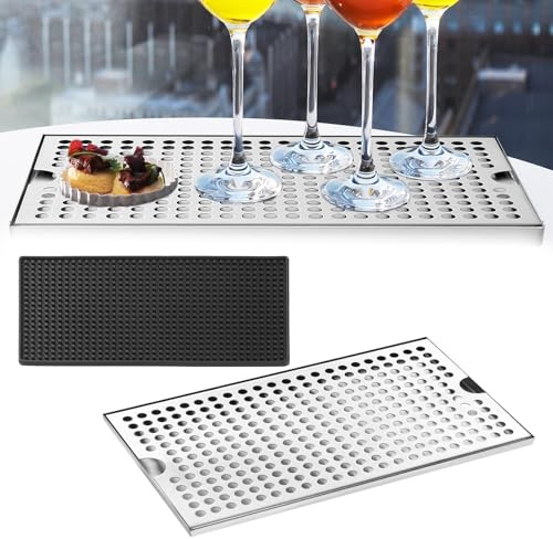 Mocoli Abtropfschale, Abtropfmatte Spüle Edelstahl 30x17.5 cm Tropfschale Quadratische Form Abtropfgestell Geschirr mit PVC Abtropfmatte Bierabtropfschale für Restaurants Bars Küchen
