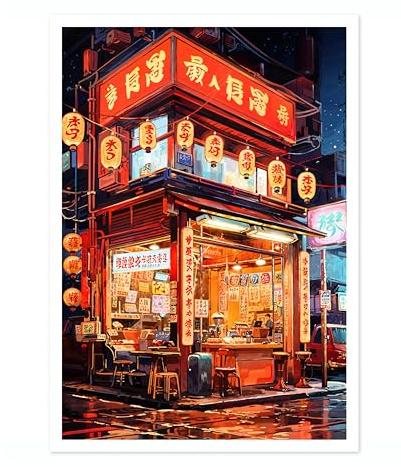 Red Ramen Shop Anime Woodblock Poster Modern Ukiyo-E, Cartoon Print, Japanese Illustration Wall Art Bedroom Home Decor, A3 (Print Only) - 42x29.7cm