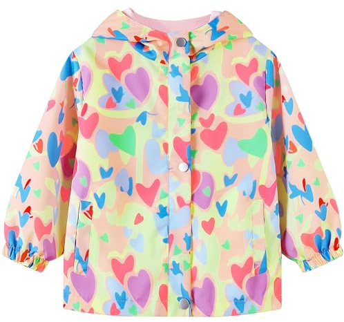 JinBei Veste Fille à Capuche Coupe-Vent, 9-10 Ans, Rose Blanc Cœurs Colorés