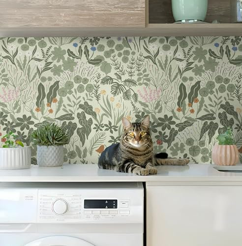CiCiwind Carta da parati autoadesiva con fiori, 44 x 300 cm, colore beige, verde, carta da parati con foglie e fiori, impermeabile, in vinile, autoadesiva, rimovibile, per mobili da parete
