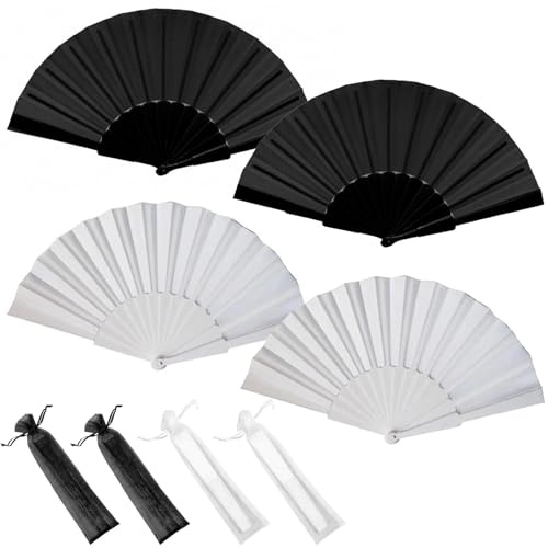 Vimmvid 4 Stück Hand Fan Und 4 Stück Fächertasche, Handfächer Faltfächer, Fecher Damen Taschenfächer, Fächer Rave Stoff Für Eine Abkühlung Im Sommer Hochzeite Bevorzugung Aufführung Tanz Dekoration ﻿