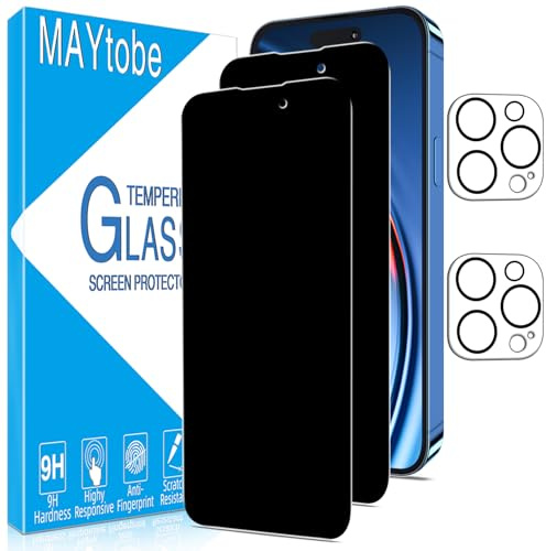 MAYtobe for iPhone 14 Pro Privacy Screen Protector 2+2 Pack | With Camera Lens Protector, Anti Spy 9H Tempered Glass, Ultra Resistant, Case Friendly, Anti-Scratch, No Bubbles